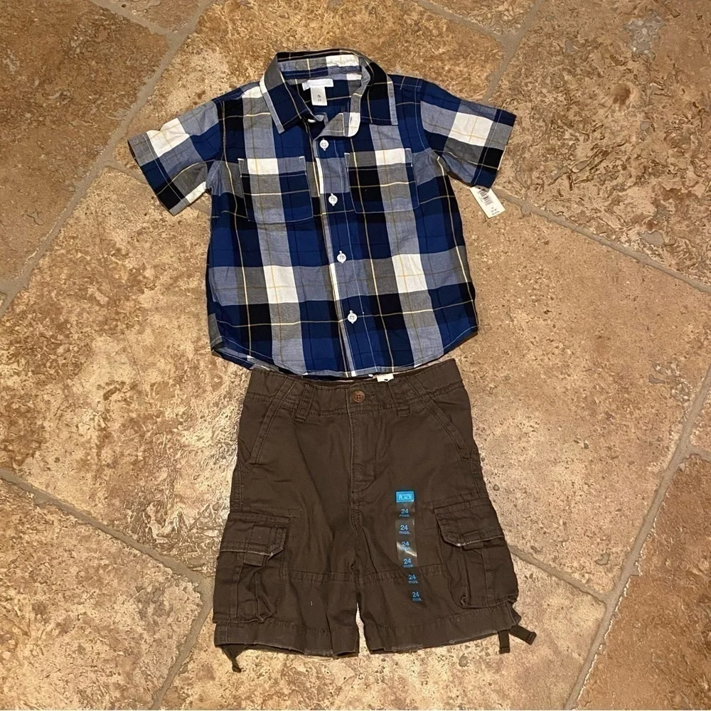 NWT~OLD NAVY CHILDREN’S PLACE Boys Blue Plaid Top & Brown Cargo Shorts -2 Yrs
